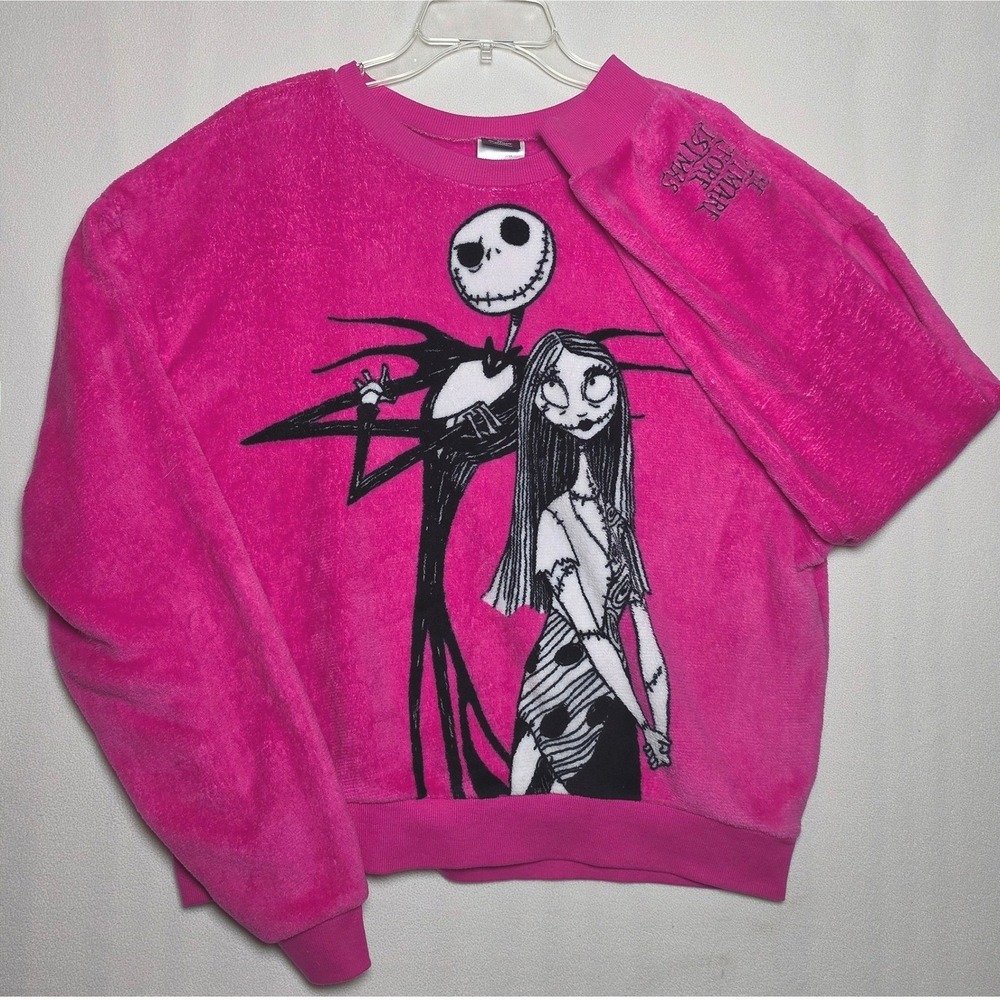 Disney Nightmare Before Christmas Jack Skellington Pink Fuzzy Fleece Sweater XL